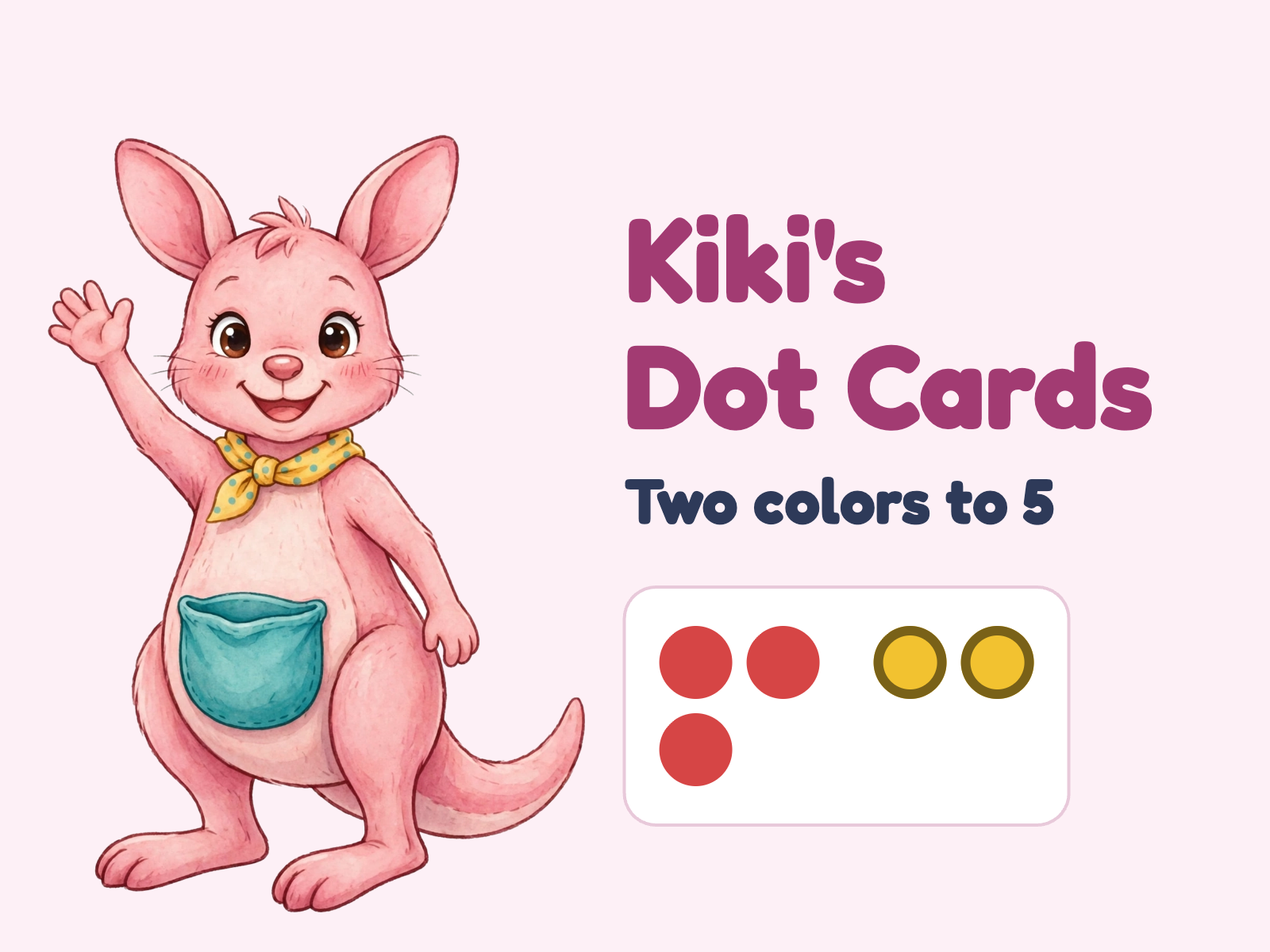 Kiki the pink kangaroo waving beside the title Kiki's Dot Cards, Two colors to 5, and a dot card with 3 red dots and 2 yellow dots.