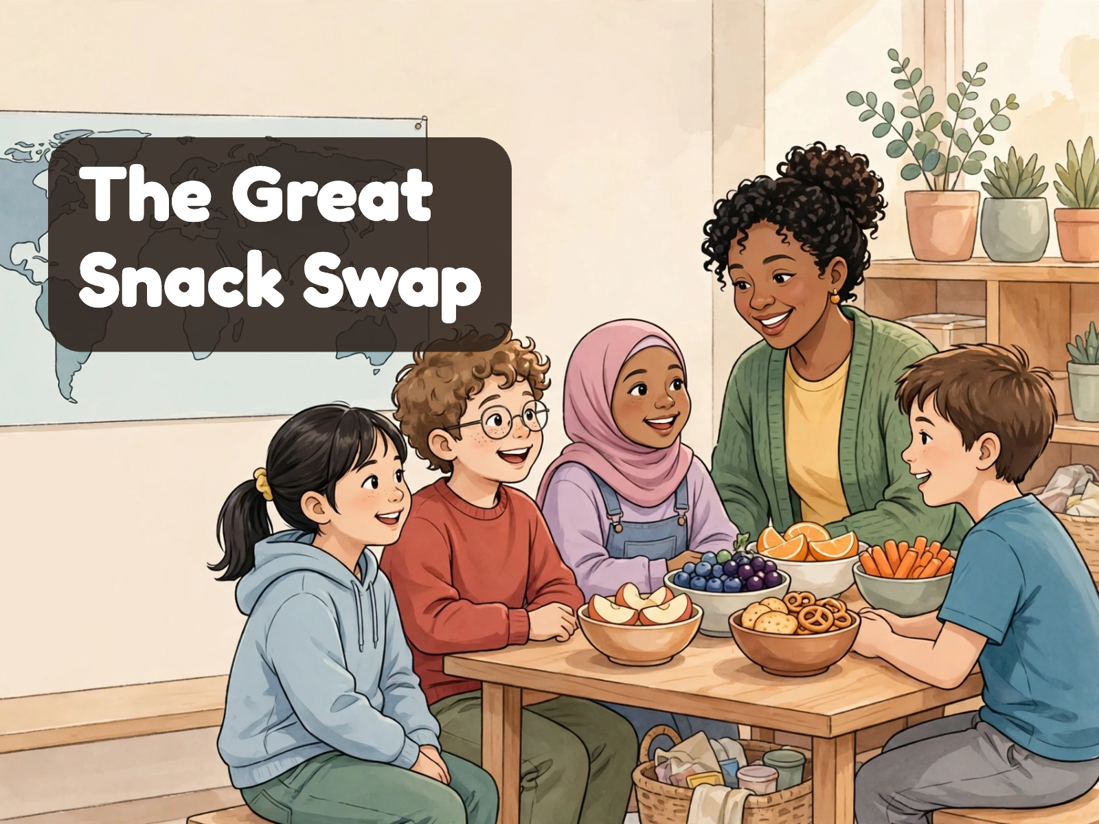 Cover: The Great Snack Swap, with a teacher and four students around a classroom table of snacks
