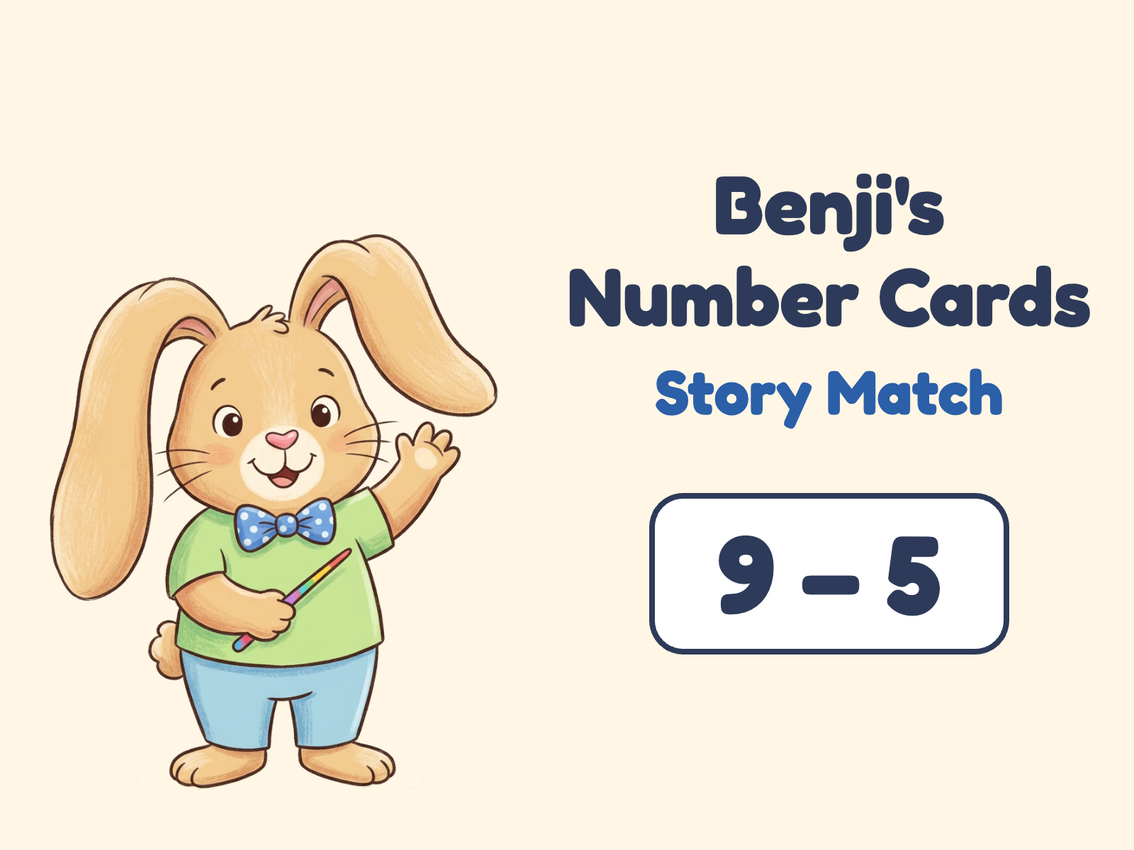 Benji the bunny waving beside the title and a number card that reads 9 minus 5