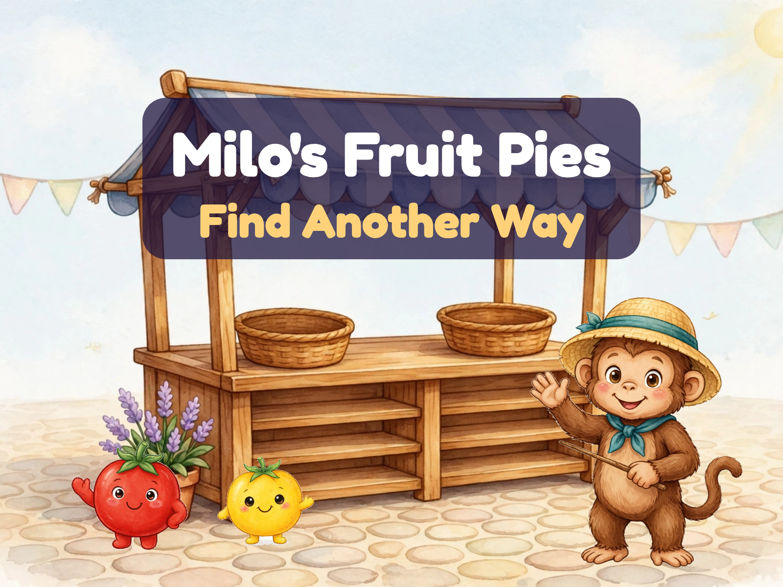 Milo the monkey waving at his fruit stand beside a smiling red tomato and yellow tomato, under the title Milo's Fruit Pies: Find Another Way