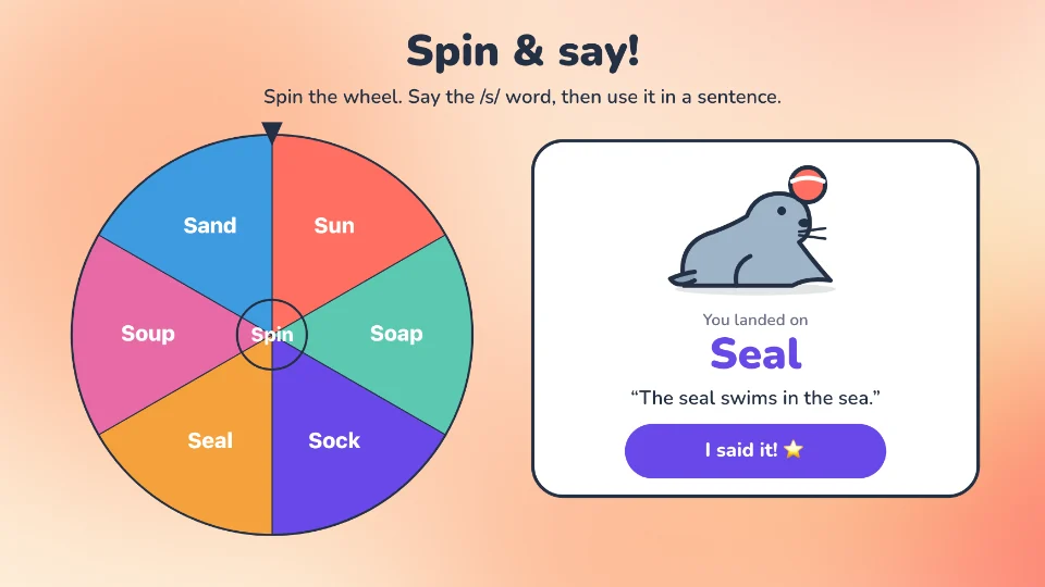 A speech spinner of /s/ words that has landed on Seal, with a sentence to say.