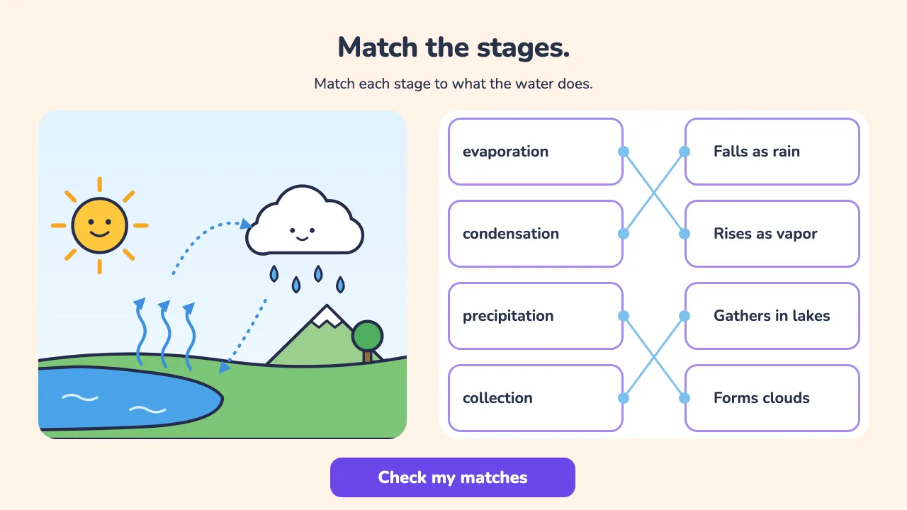 A matching question with condensation matched to Falls as rain and precipitation matched to Forms clouds.