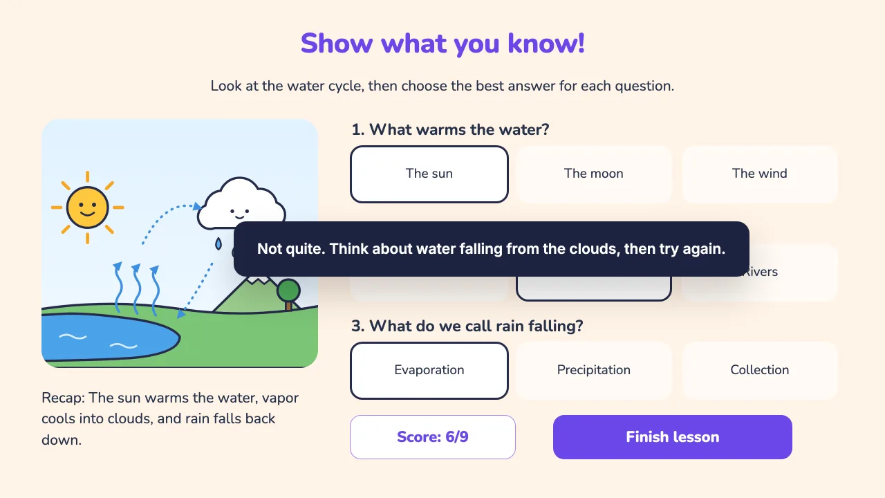 A quiz asking What do we call rain falling? The student picked Evaporation, and a message reads: Not quite. Think about water falling from the clouds, then try again.